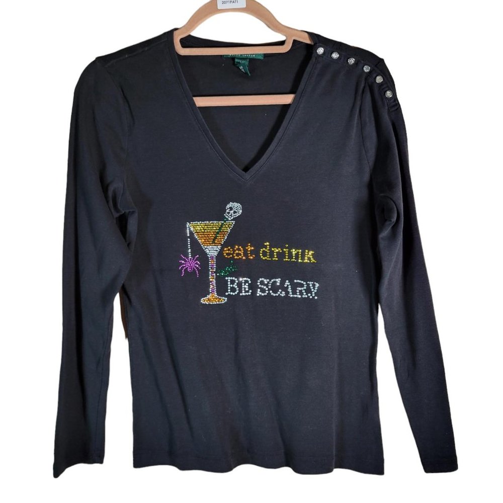 LAUREN RALPH LAUREN Black Rhinestone Halloween Theme V Neck Shirt Women Size M